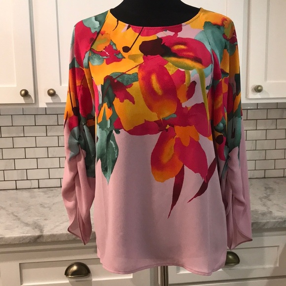 J Jill Christian Siriano Top Womens XS Pink Floral Boho Shirt Blouse Artsy - Picture 1 of 9